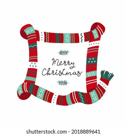 Hand-drawn warm scarf with scandinavian ornament and lettering: Merry Christmas. Stylized frame. Vector flat illustration for Xmas invitations, mugs, posters. Greeting card for winter holidays.