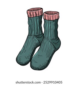 Hand-Drawn Warm Socks with Red Trim. Vintage Style Green Socks with Red Top Illustration