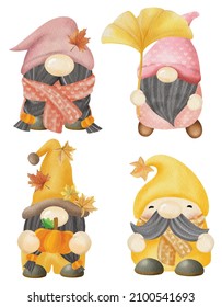 Handdrawn watercolor Autumn Season Gnomes