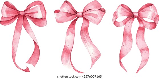 hand-drawn watercolor bows and ribbons. Colored decorative bows for cards, invitations, scrapbooking, decor