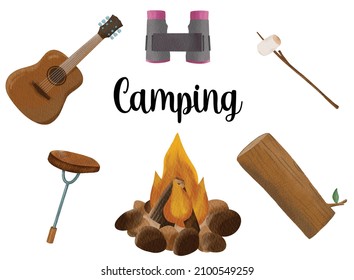 Acuarela de mano Camping con guitarra, binoculares, fogata, filete de leña y barbacoa de malvavisco