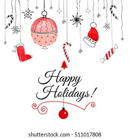 Handdrawn watercolor christmas doodle postcard