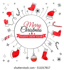Handdrawn watercolor christmas doodle postcard