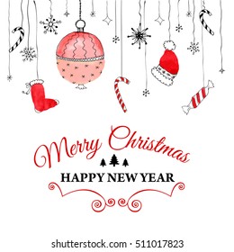 Handdrawn watercolor christmas doodle postcard