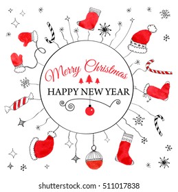 Handdrawn watercolor christmas doodle postcard
