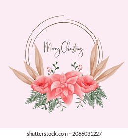 Hand-drawn watercolor Christmas greeting card with Christmas flower and leaves  Floral Frame vector