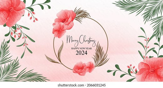 Hand-drawn watercolor Christmas greeting card with Christmas flower and leaves  Floral Frame vector