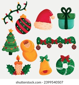 Hand-drawn watercolor Christmas illustration set