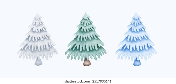 Hand-drawn watercolor Christmas pine trees covered with snow. A cute and festive winter illustration perfect for holiday decor, seasonal designs, and Christmas projects.