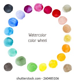 Hand-drawn watercolor color wheel. Painted vector circle stains.