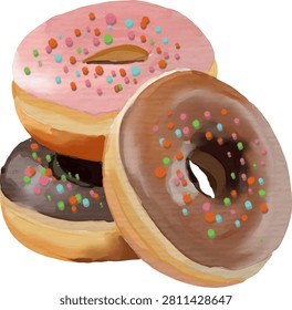 Hand-drawn watercolor donuts stack with pink and chocolate glaze and colorful sprinkles isolated on white background.