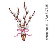 Hand-drawn watercolor Easter illustration featuring delicate pussy willow branches