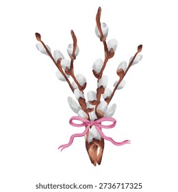 Hand-drawn watercolor Easter illustration featuring delicate pussy willow branches