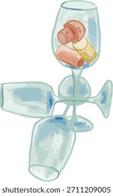 Aquarela Desenhada À Mão Vidros De Vinho Vazio Cortiça Composição
