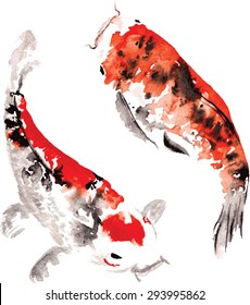 hand-drawn watercolor fairy Japanese koi floating in a circle, representing the shape of a yin - yang