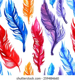 Hand-drawn watercolor feather pattern. Painted vector seamless texture background.
