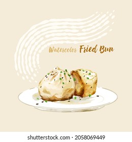 Hand-drawn watercolor fried buns (bao or dumpling)illustration. the popular street food in Asia. black sesame and green onion on it.