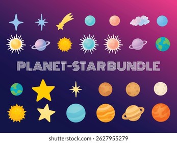 Hand-drawn watercolor galaxy space bundle with planet and star, illustrator vector