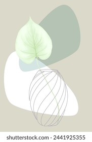 Handdrawn watercolor green leaf in simple continuous line vase against background with abstract  geometric shapes, decorative vector illustration