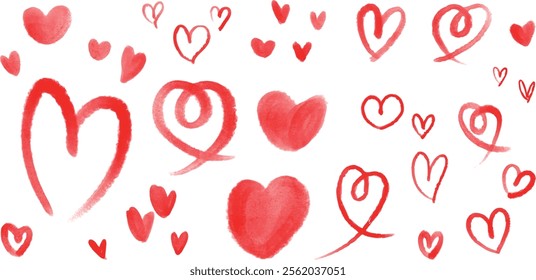 Hand-drawn Watercolor Heart Set - Red