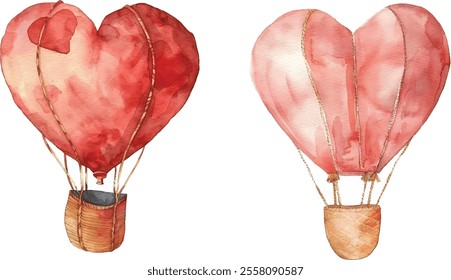 Hand-Drawn Watercolor Heart-Shaped Hot-Air Balloon for Valentine’s Day on White Background