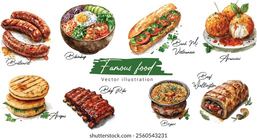 Hand-Drawn Watercolor Illustration of Arancini, Arepas, Banh Mi, BBQ Ribs, Beef Wellington, Bibimbap, Biryani, and Bratwurst – Best Food in the World