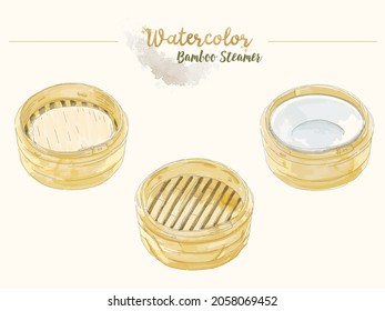 Hand-drawn watercolor illustration of bamboo steamers. empty steamers.