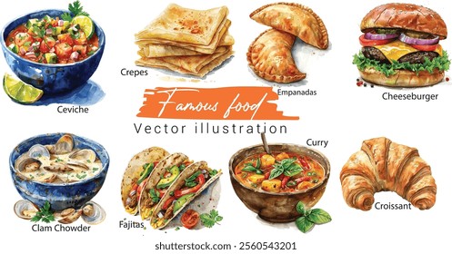 Hand-Drawn Watercolor Illustration of Ceviche, Cheeseburger, Clam Chowder, Crepes, Croissant, Curry, Empanadas, and Fajitas – Best Food in the World

