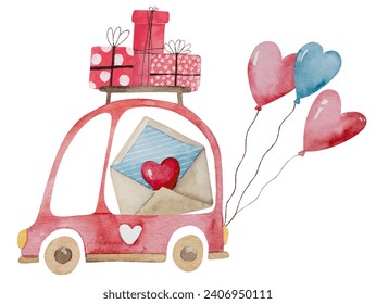 Hand-Drawn Watercolor Illustration Clipart Themed On February 14, Featuring A Car With Gifts And Balloons For Valentine'S Day, And A House On Wheels With Presents