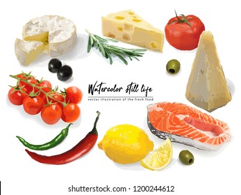 Handdrawn watercolor illustration of the fresh Food, isolated on the white background in vector. Cherry tomatoes, chilli peppers, parmesan cheese, camembert, olives, red fish steak, rosemary and lemon