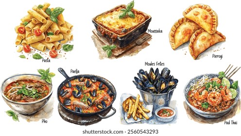 Hand-Drawn Watercolor Illustration of Pierogi, Pho, Pasta, Paella, Pad Thai, Moussaka, and Moules Frites – Best Food in the World