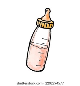 Hand-drawn Watercolor Illustration Of Pink Baby Bottle. Sippy Cup With Milk In Doodle Style.