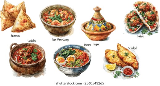 Hand-Drawn Watercolor Illustration of Samosas, Schnitzel, Tagine, Tom Yum Goong, Vindaloo, Ramen, and Falafel – Best Food in the World

