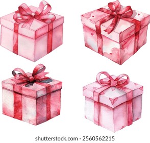 Hand-Drawn Watercolor Illustration of a Set of 4 Pink and Red Valentine's Gift Boxes on White Background