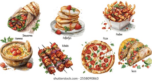 Hand-Drawn Watercolor Illustration of Tacos, Shawarma, Poutine, Poffertjes, Pizza, Kebabs, and Hummus – Best Food in the World

