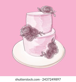 A hand-drawn, watercolor illustration of a two-layer cake sitting on a plate. The cake is detailed with frosting and decorations, showcasing a delicious dessert ready to be enjoyed