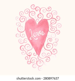 Hand-drawn watercolor illustration for Valentines day. Watercolor heart with swirl and sign LOVE.