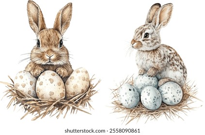 Hand-Drawn Watercolor Illustration of a Vintage Classic Rabbit and Paschal Eggs on White Background