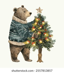 Hand-Drawn Watercolor Illustration of a Vintage Man Bear in Sweater Holding Christmas Tree with Luminous Garland on White Background