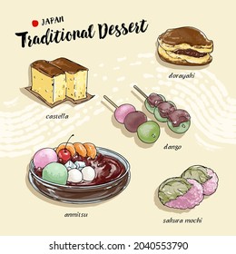 Hand-drawn watercolor illustration of Wagashi, the traditional Japanese sweets. included Anmitsu, Castella, Dorayaki, Dango, and sakura-mochi.