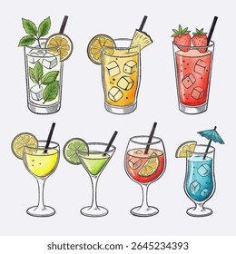 Hand-drawn watercolor and ink illustration of various colorful cocktails and summer drinks in different glasses with garnishes like lemon, lime, mint, strawberries, and umbrellas