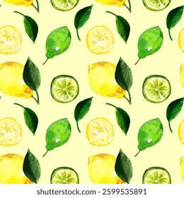 Hand-Drawn Watercolor Lemon and Lime Pattern with Green Leaves