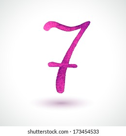 Hand-drawn watercolor number 7 isolated on white. Template for your design