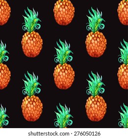 Hand-drawn watercolor ornate pineapple pattern. Painted fruit vector seamless texture background.