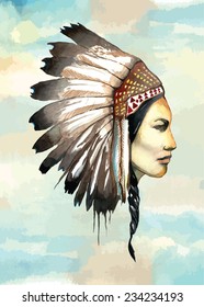 Handdrawn watercolor painted Navajo - Aztec - Indian girl vector illustration