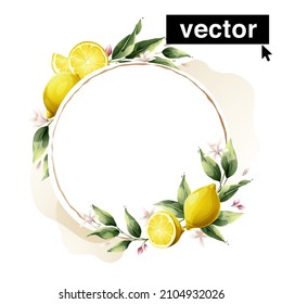 Hand-drawn watercolor painting lemon frame on white background. Vector illustration of green leaves, flowers, buds, and branches. Citrus fruit slices and splashing juice arrangements.