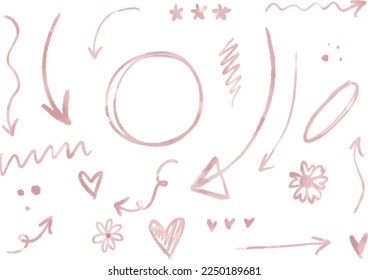 Handdrawn watercolor pastel vector set of illustrations and symbols of arrows, hearts, brush paint, circle, dots and more. Ideal for print, scrap booking, graphic design, web and other.