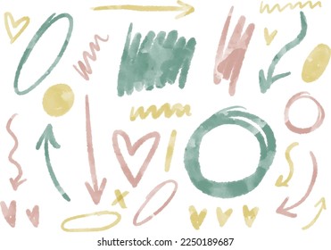 Handdrawn watercolor pastel vector set of illustrations and symbols of arrows, hearts, brush paint, circle, dots and more. Ideal for print, scrap booking, graphic design, web and other.