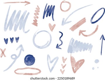 Handdrawn watercolor pastel vector set of illustrations and symbols of arrows, hearts, brush paint, circle, dots and more. Ideal for print, scrap booking, graphic design, web and other.