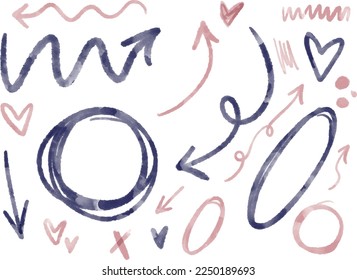 Handdrawn watercolor pastel vector set of illustrations and symbols of arrows, hearts, brush paint, circle, dots and more. Ideal for print, scrap booking, graphic design, web and other.